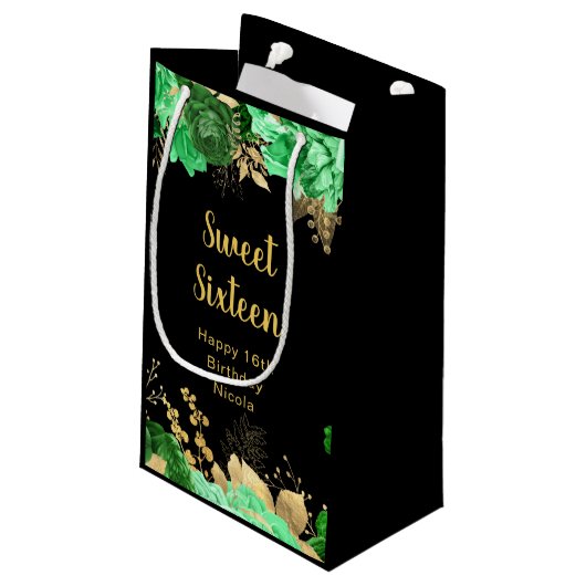 Elegant Green and Gold Flowers Sweet Sixteen Klein Cadeauzakje (Achterkant Gekanteld)