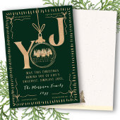 Elegant Green and Gold “JOY” Winter Village Scene Feestdagenkaart