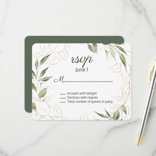 Elegant Green and Gold Leaves Wedding RSVP Kaartje (Voorkant / Achterkant in situ)