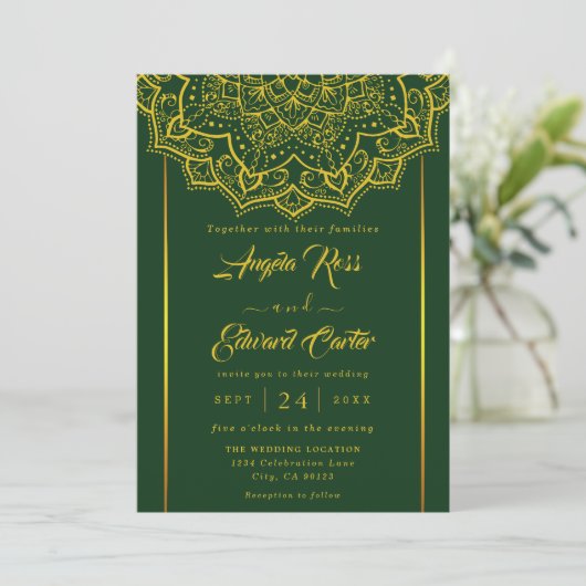 Elegant Green and Gold Mandala Wedding Invitation Save The Date (Staand voorkant)