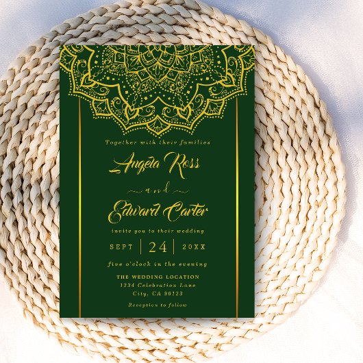 Elegant Green and Gold Mandala Wedding Invitation Save The Date