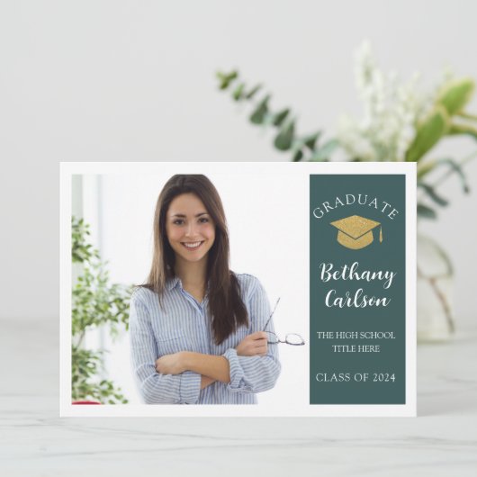 Elegant Green and Gold Photo Graduparty Kaart (Staand voorkant)
