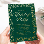 Elegant Green and Gold Snowflake Holiday Party Folie Uitnodiging