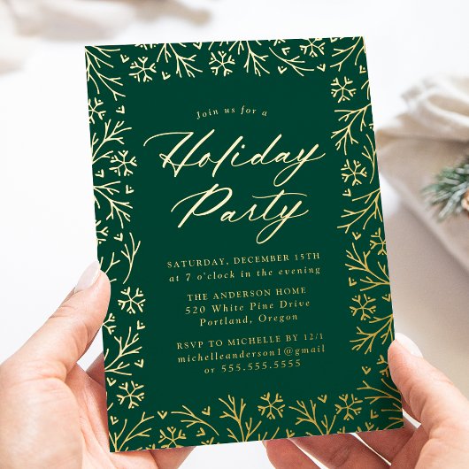Elegant Green and Gold Snowflake Holiday Party Folie Uitnodiging