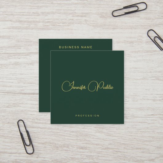 Elegant Green And Gold Text Script Premium Silk Vierkante Visitekaartje (Voorkant / Achterkant in situ)