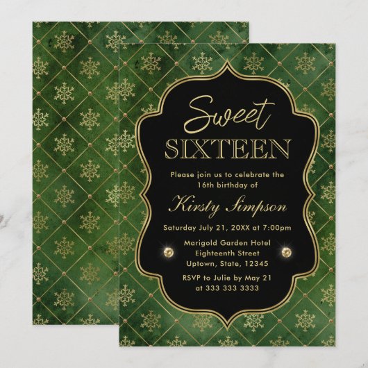 Elegant Green and Gold Winter Snowflakes Sweet 16 Kaart (Voorkant / Achterkant)