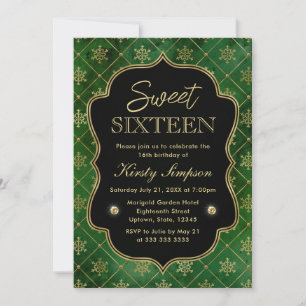 Elegant Green and Gold Winter Snowflakes Sweet 16 Kaart