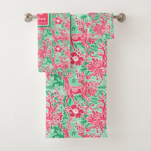 Elegant green and pink Christmas preppy towel set Bad Handdoek (Insitu)