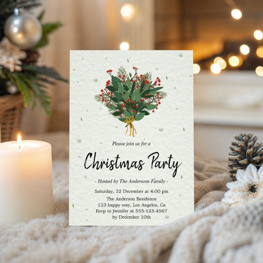 Elegant Green and Red Botanical Christmas Party Kaart