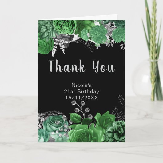 Elegant Green and Silver Flowers Birthday Party  Bedankkaart (Voorkant)