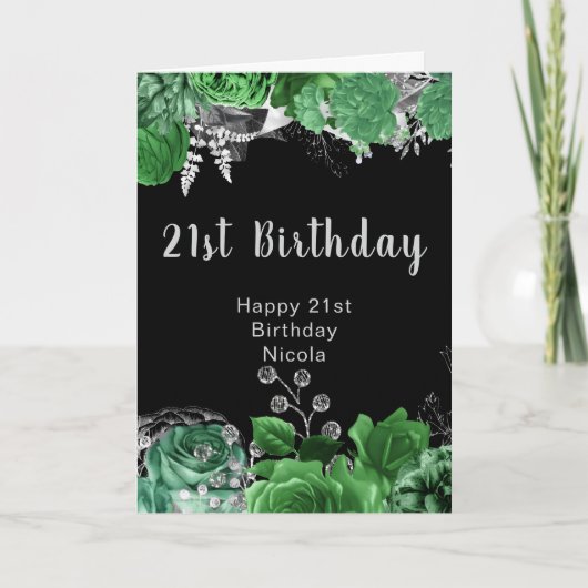 Elegant Green and Silver Flowers Birthday Party  Kaart (Voorkant)