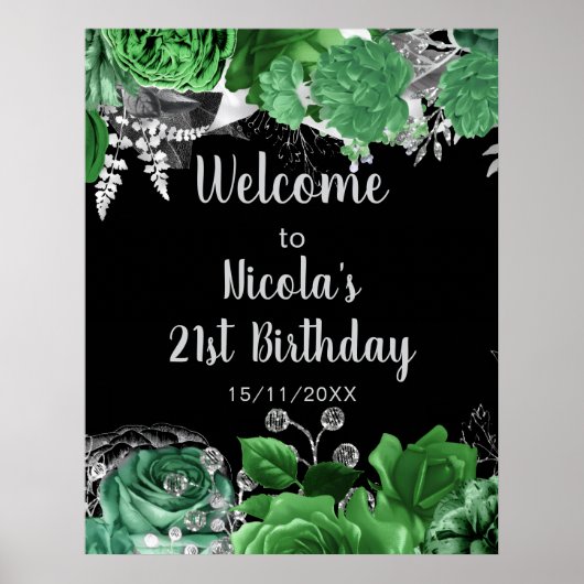 Elegant Green and Silver Flowers Birthday Party  Poster (Voorkant)