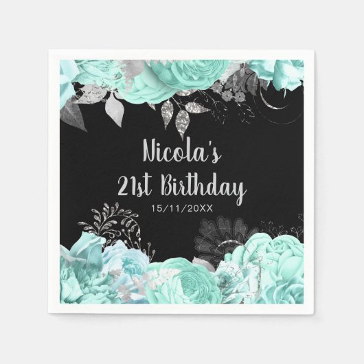 Elegant Green and Silver Flowers Birthday Party Servet (Voorkant)