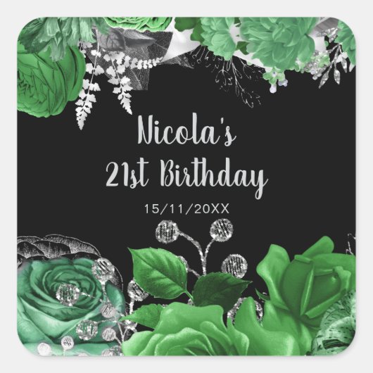Elegant Green and Silver Flowers Birthday Party  Vierkante Sticker (Voorkant)