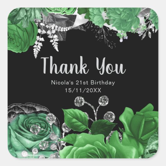 Elegant Green and Silver Flowers Birthday Party Vierkante Sticker (Voorkant)