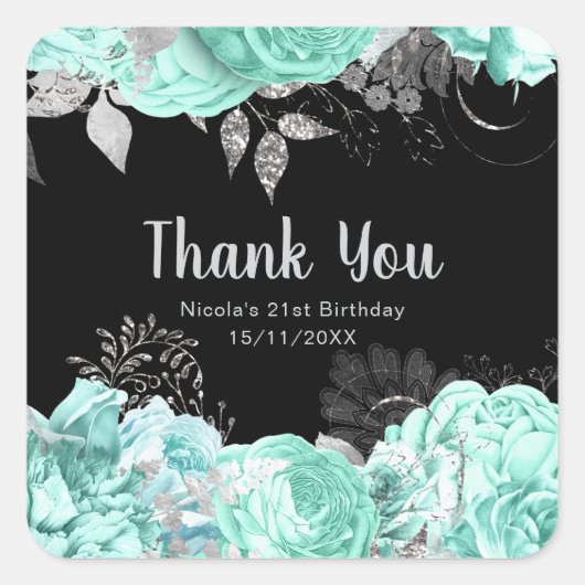Elegant Green and Silver Flowers Birthday Party Vierkante Sticker (Voorkant)
