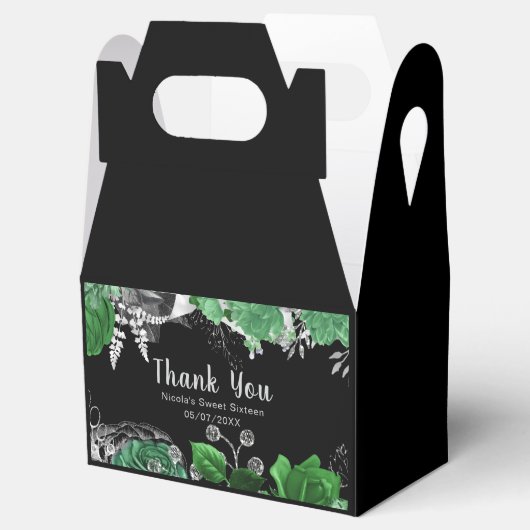 Elegant Green and Silver Flowers Sweet Sixteen Bedankdoosjes (Geopend)
