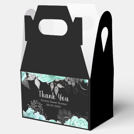 Elegant Green and Silver Flowers Sweet Sixteen Bedankdoosjes (Geopend)