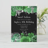 Elegant Green and Silver Flowers Sweet Sixteen Kaart (Staand voorkant)