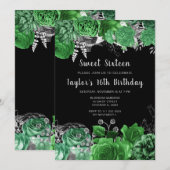 Elegant Green and Silver Flowers Sweet Sixteen Kaart (Voorkant / Achterkant)