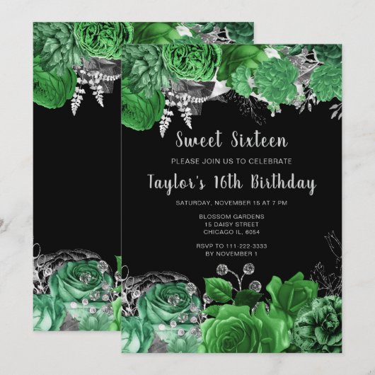 Elegant Green and Silver Flowers Sweet Sixteen Kaart (Voorkant / Achterkant)