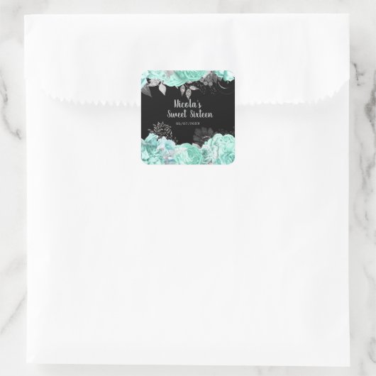 Elegant Green and Silver Flowers Sweet Sixteen Vierkante Sticker (Tas)