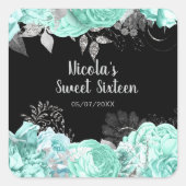 Elegant Green and Silver Flowers Sweet Sixteen Vierkante Sticker (Voorkant)