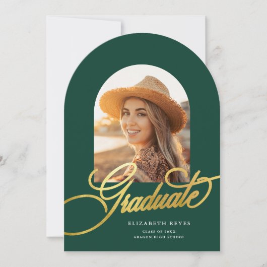 Elegant Green Arch Foto Afstuderen Aankondiging (Voorkant)