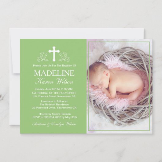 Elegant Green Baptism Photo Invitation Card Kaart (Voorkant)