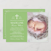 Elegant Green Baptism Photo Invitation Card Kaart (Voorkant / Achterkant)