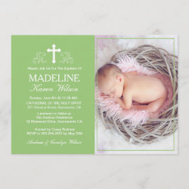 Elegant Green Baptism Photo Invitation Card Kaart