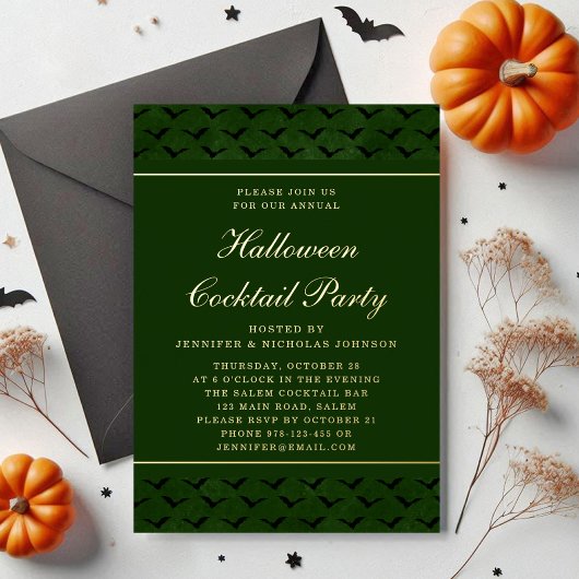 Elegant Green Bats Halloween Cocktail Party Gold Folie Uitnodiging