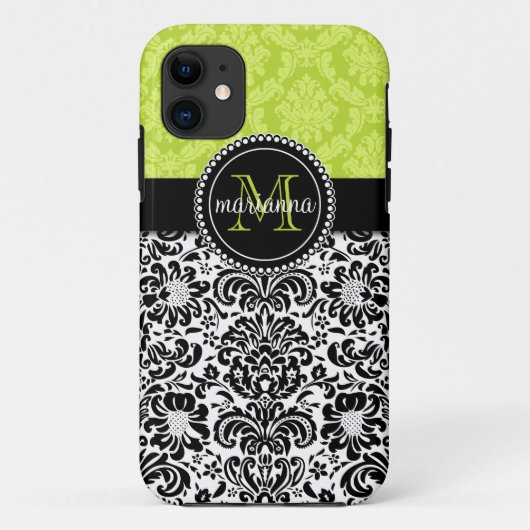 Elegant Green Black Damask gepersonaliseerd Case-Mate iPhone Case (Achterkant)