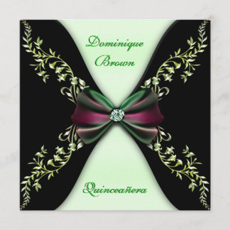 Elegant Green Black Diamond Bow Quinceanera Kaart