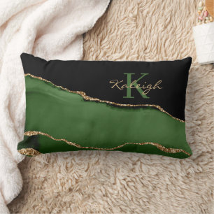 Elegant Green Black Glittery Gold Marble Monogram Kussen