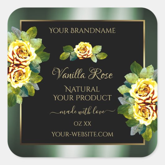 Elegant Green Black Product Labels Yellow Roses (Voorkant)
