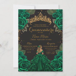 Elegant Green Black Quinceañera Rozen Gold Glitter Kaart