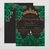 Elegant Green Black Quinceañera Rozen Gold Glitter Kaart (Voorkant / Achterkant)