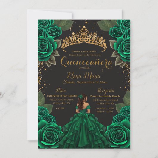 Elegant Green Black Quinceañera Rozen Gold Glitter Kaart (Voorkant)