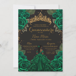 Elegant Green Black Quinceañera Rozen Gold Glitter Kaart