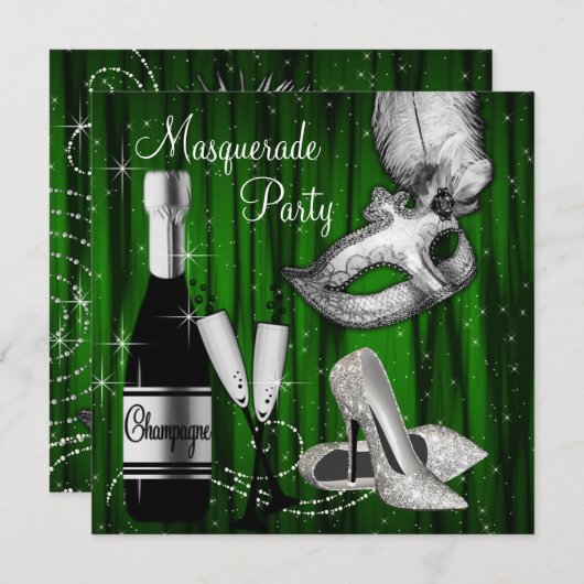 Elegant Green Black White Masquerade Party Kaart (Voorkant / Achterkant)