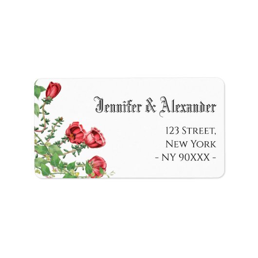 Elegant green blad red flower address name etiket (Voorkant)