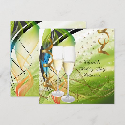 Elegant Green Blue Gold Birthday Champagne Kaart (Voorkant / Achterkant)