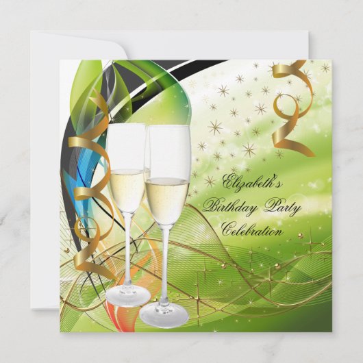 Elegant Green Blue Gold Birthday Champagne Kaart (Voorkant)