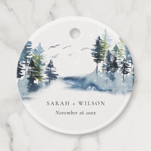 Elegant Green Blue Pine Bossen Forest Vods Weddens Bedankjes Labels (Voorkant)