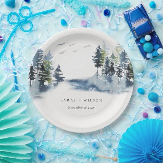 Elegant Green Blue Pine Bossen Forest Vods Weddens Papieren Bordje (Feest)