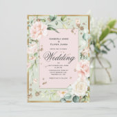 Elegant Green Blush Floral Wedding Invitation Kaart (Staand voorkant)