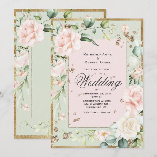 Elegant Green Blush Floral Wedding Invitation Kaart (Voorkant / Achterkant)