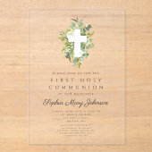 Elegant Green Botanical Cross First Community Acryl Uitnodigingen (Voorkant)