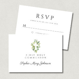 Elegant Green Botanical Cross First Community RSVP Kaartje